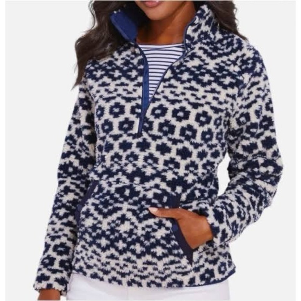 Vineyard Vines Navy Geometric Sherpa Fleece Quarter Zip Pullover Womens Small